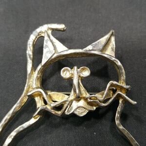 Vintage Original Cat Outline Brooch, 3 1/2 Inches, Distressed Plated Pin
